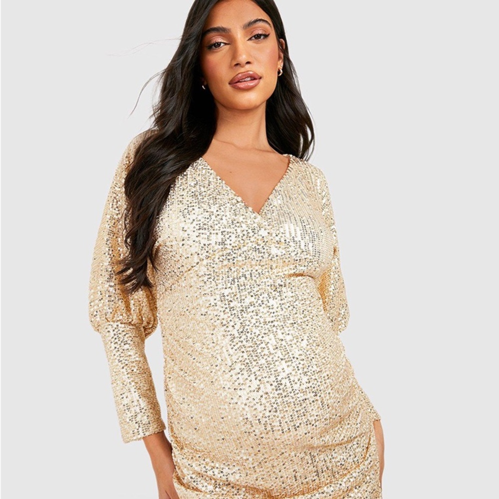 MATERNITY SEQUIN BATWING RUCHED MIDI DRESS